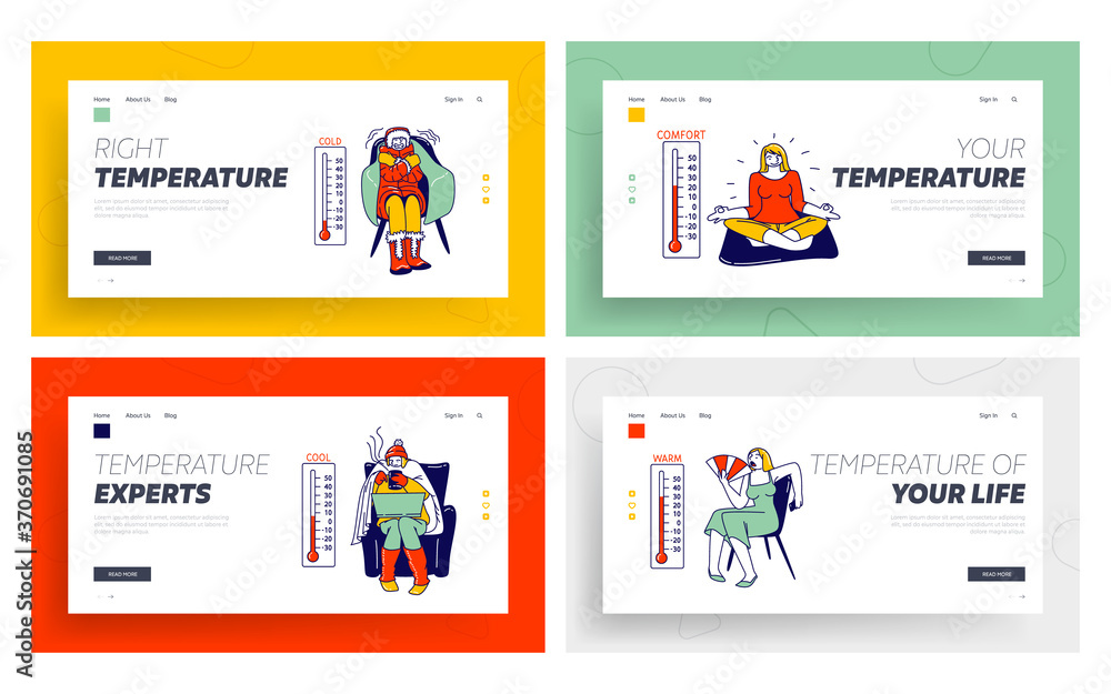 Comfort Temperature Landing Page Template Set. Cold, Cool, Normal, Warm and Hot Conditions. Women in Winter Clothes Comfort Temperature Landing Page Template Set. Cold, Cool, Normal, Warm and Hot Conditions. Women in Winter Clothes