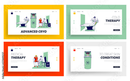 Female Visit Cryotherapy Landing Page Template Set. Women Apply Face and Leg Cryo Physiotherapy, Girl in Cryocamera