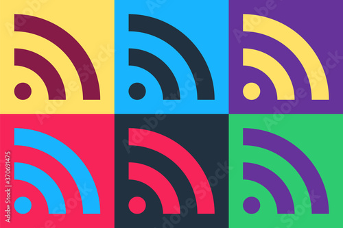 Pop art RSS icon isolated on color background. Radio signal. RSS feed symbol. Vector.