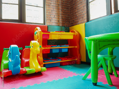 Children's playground, playroom with plastic colorful educational, preschoolers kindergarten.