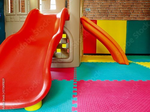Children's playground, playroom with plastic colorful toys kid.