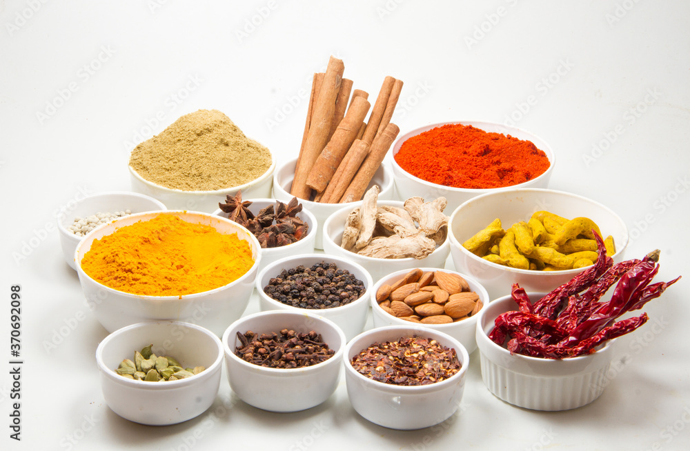 indian spices isolated on white background.