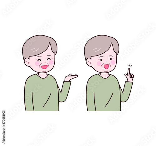 소개하는 제스쳐와 가리키는 제스쳐를 취하는 할아버지.