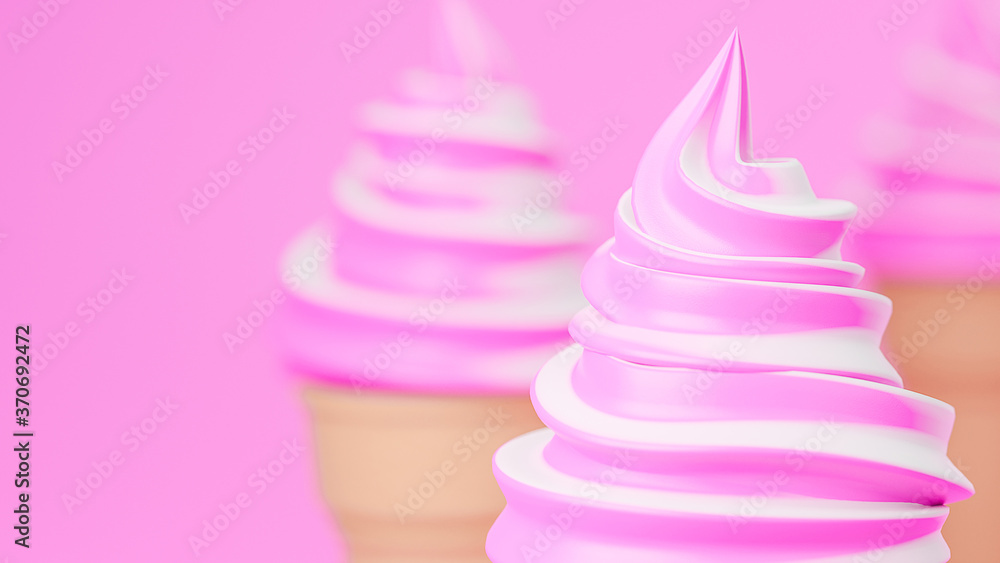 Soft serve ice cream of strawberry and milk flavours on crispy cone on pink background.,3d model and illustration. Soft serve ice cream of strawberry and milk flavours on crispy cone on pink background.,3d model and illustration.
