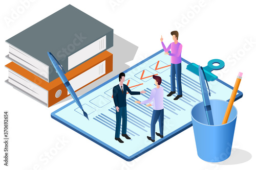 Business negotiations.A successful deal of partnership the concept of signing the contract.Businessmen are negotiating.Isometric vector illustration.