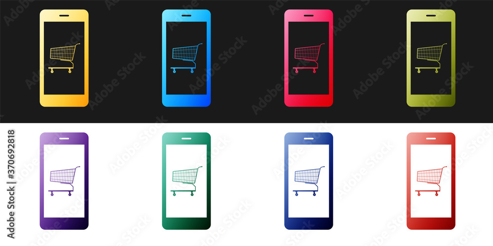 Set Online shopping concept. Shopping cart on screen smartphone icon isolated on black and white background. Concept e-commerce, online business marketing. Vector. Set Online shopping concept. Shopping cart on screen smartphone icon isolated on black and white background. Concept e-commerce, online business marketing. Vector.