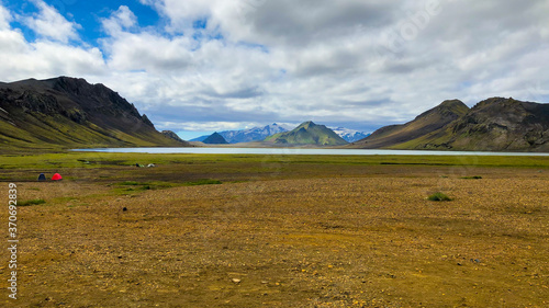 Icelandic landscape at Alftavatn lake on the laugavegur hiking trail. Travel and tourism.