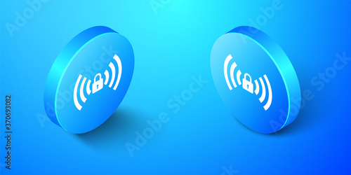 Isometric Wifi locked sign icon isolated on blue background. Password Wi-fi symbol. Wireless Network icon. Wifi zone. Blue circle button. Vector.