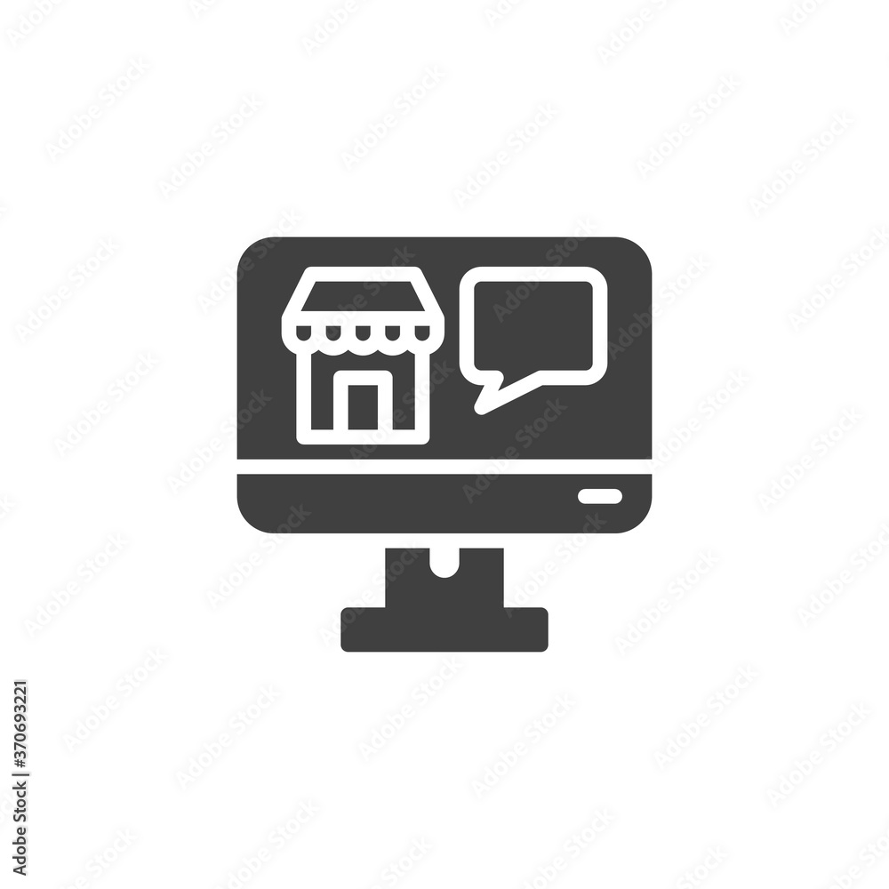Online shopping support vector icon. filled flat sign for mobile concept and web design. Pc screen with shop and speech bubble glyph icon. Symbol, logo illustration. Vector graphics Online shopping support vector icon. filled flat sign for mobile concept and web design. Pc screen with shop and speech bubble glyph icon. Symbol, logo illustration. Vector graphics