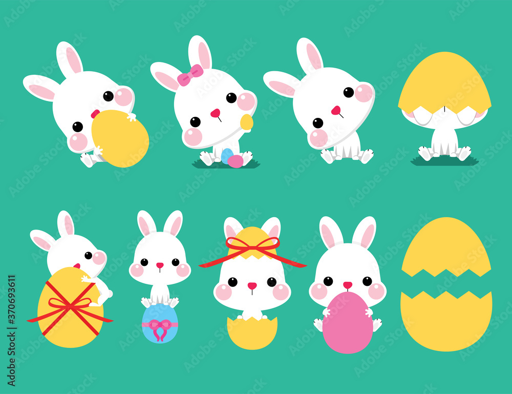 Collection of Easter bunny and egg, vector illustration. Easter cartoon bunny isolated on green background.