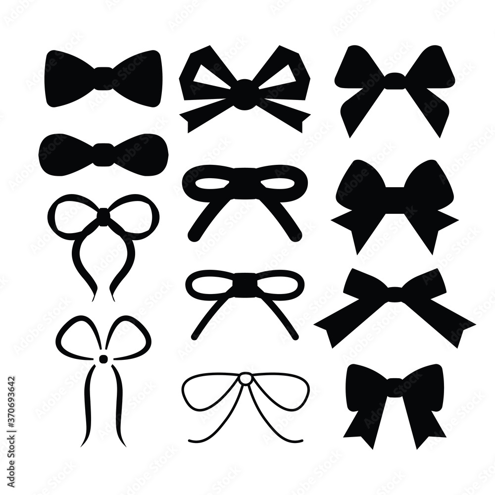 Set of graphical decorative bows silhouette isolated on white background, Vector illustration