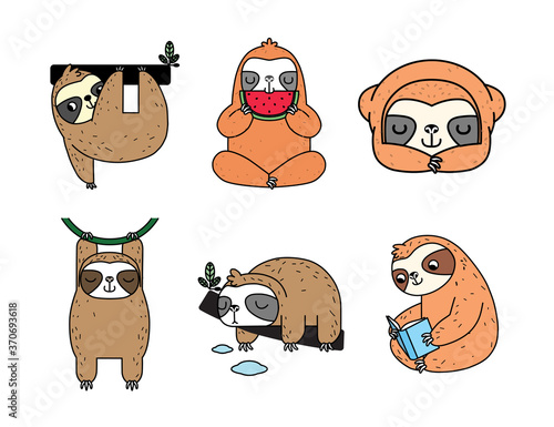 Set of Cute cartoon sloth vector graphic design. Adorable hand drawn sloth characters hanging on the tree. Illustration for nursery design, poster, greeting, birthday card, baby shower and party.