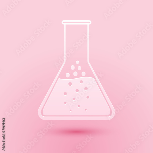Paper cut Test tube and flask - chemical laboratory test icon isolated on pink background. Paper art style. Vector.