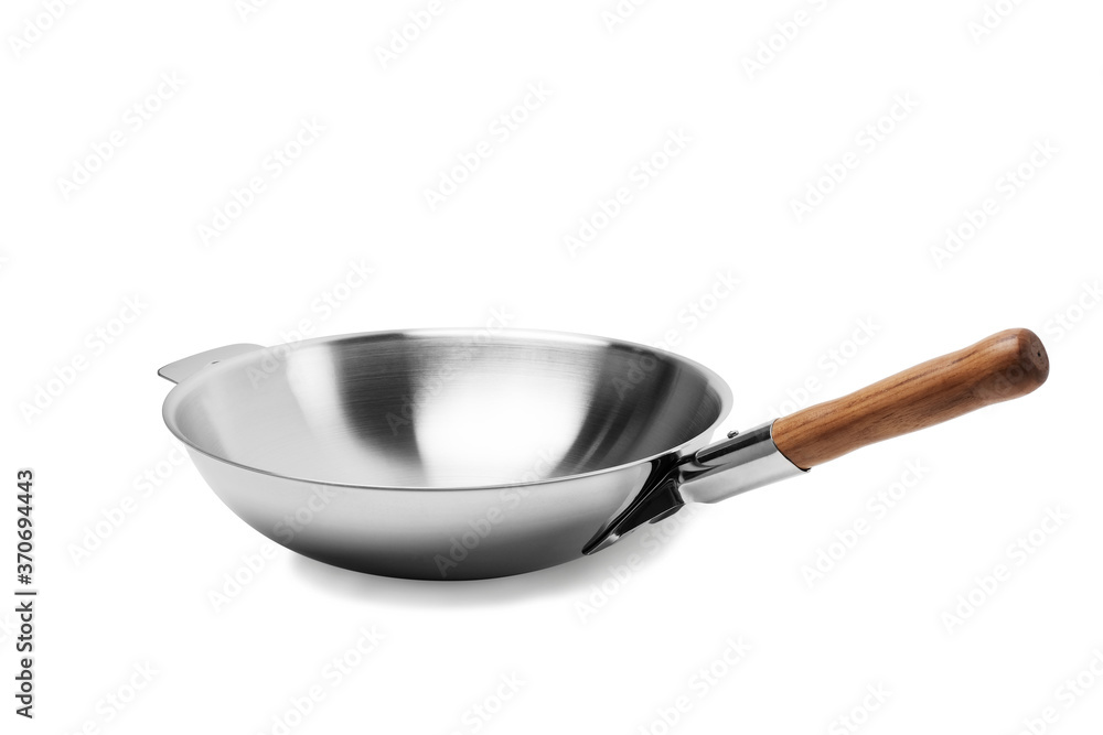Steel frying pan isolated on white background. Top view