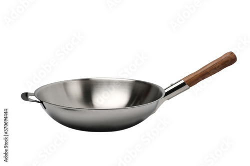 Steel frying pan isolated on white background. Top view