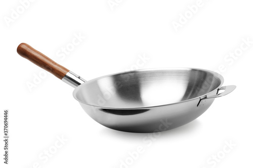 Steel frying pan isolated on white background. Top view