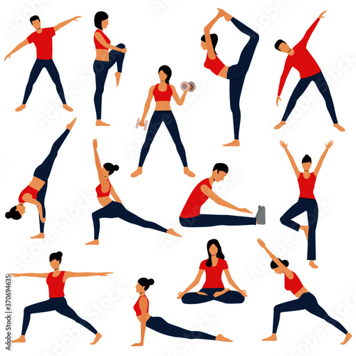 Collection of young woman performing physical exercises. Bundle of female cartoon character demonstrating various yoga positions isolated on light background. Colorful flat vector illustration.