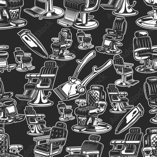 Seamless pattern with barbershop design elements in monochrome style. Design element for poster, card, banner. Vector illustration