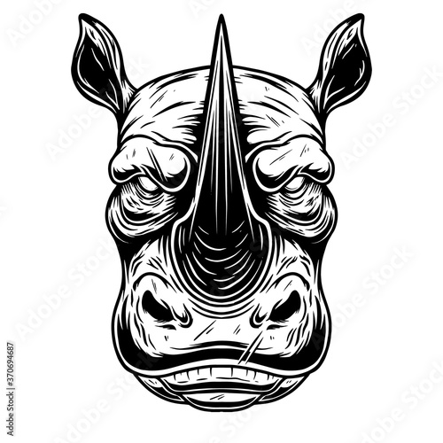 Illustration of head of wild angry rhino in vintage monochrome style. Design element for logo, emblem, sign, poster, card, banner. Vector illustration