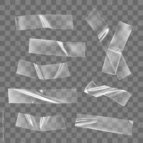 Transparent adhesive plastic tape pieces and cross for fixing isolated on transparent background. Crumpled glue plastic sticky tape for photo and paper fixture. 3d realistic wrinkled strips vector