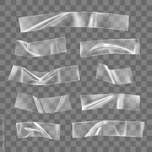 Transparent adhesive plastic tape set isolated on transparent background. Crumpled glue plastic sticky tape for photo and paper fixture. Realistic wrinkled strips isolated 3d vector illustration