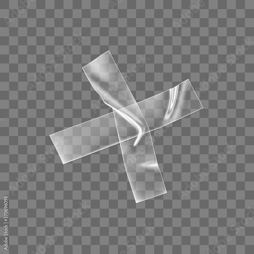 Transparent adhesive plastic tape cross isolated on transparent background. Crumpled glue plastic sticky tape cross for photo and paper fixture. Realistic wrinkled strips isolated 3d vector