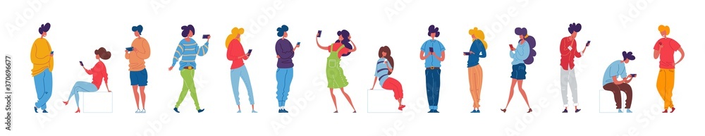 Young people stand, sit and walk with smartphones in their hands. Vector illustration of modern men and women in colorful clothes. Young people stand, sit and walk with smartphones in their hands. Vector illustration of modern men and women in colorful clothes.