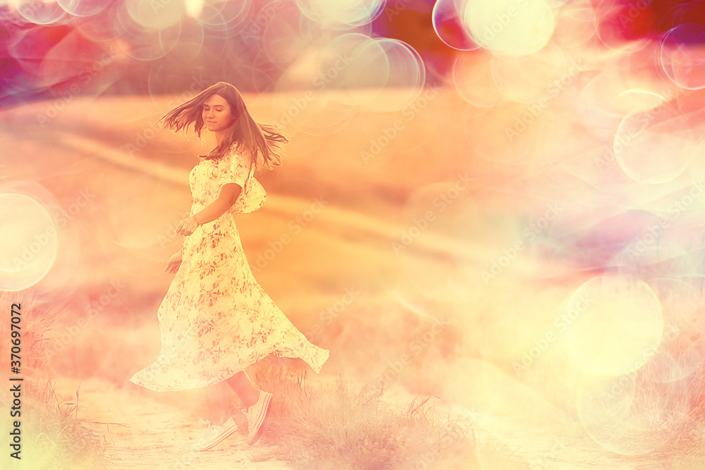 happy girl freedom in summer field, glare of the sun abstract background france provence autumn happy girl freedom in summer field, glare of the sun abstract background france provence autumn