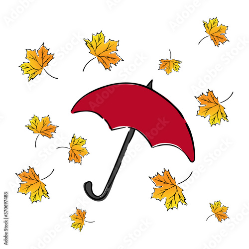 Autumn illustration with maple leaves and umbrella on white background