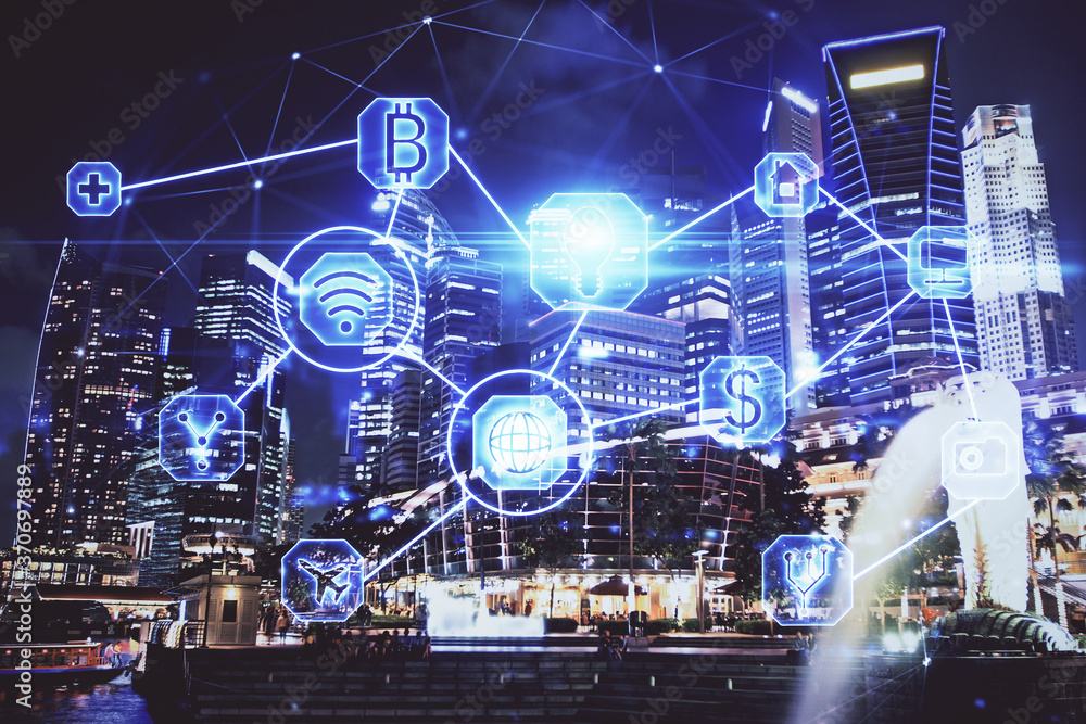 Multi exposure of social network theme drawing and cityscape background. Concept of people connecton. Multi exposure of social network theme drawing and cityscape background. Concept of people connecton.