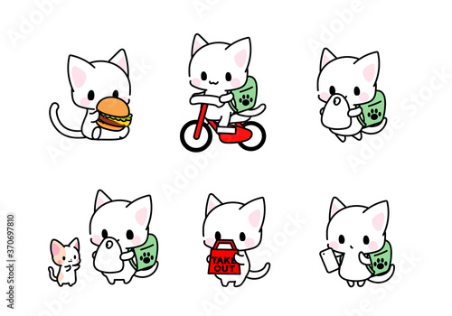 デリバリー・フードデリバリー・出前・配達・テイクアウト・ハンバーガーを食べる猫ちゃんのイラスト