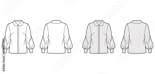 Long bishop sleeve shirt technical fashion illustration with round collar, front button-fastening, loose silhouette. Flat blouse apparel template front back white grey color. Women, men unisex top CAD