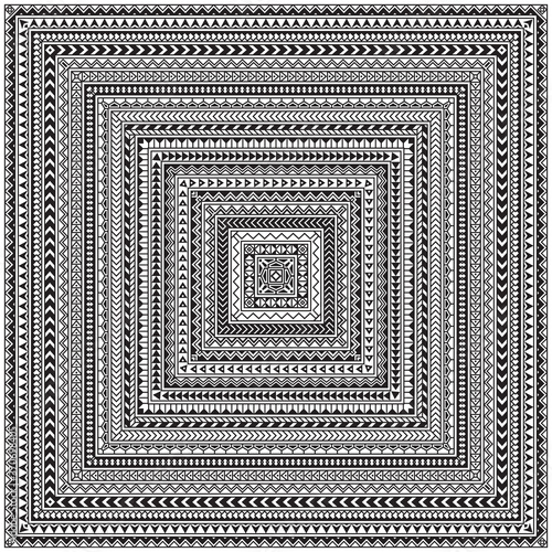 Carpet square print from Maori ethnic geometrical pattern, black and white ornate stripes. Bandana, shawl, rug, mat, chintz towel, Batik paint, tribal border. 20 pattern brushes in the brush palette