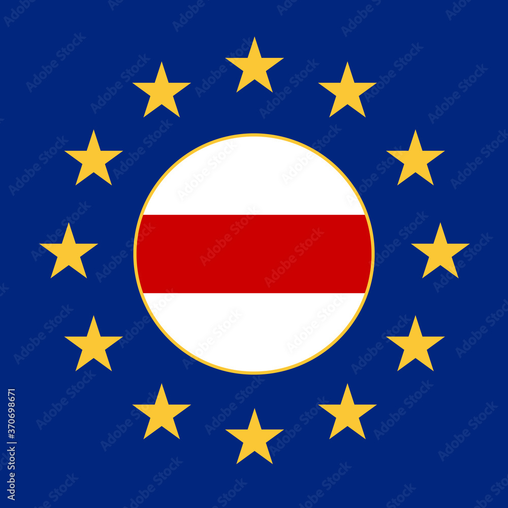 Republic of Belarus white-red-white national flag with EU flag illustration Republic of Belarus white-red-white national flag with EU flag illustration