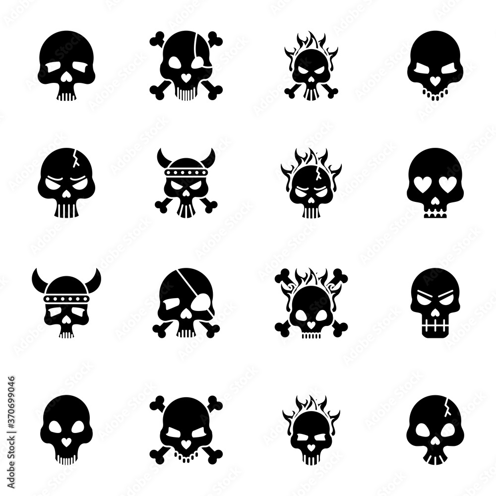 sixteen death skulls heads set icons sixteen death skulls heads set icons