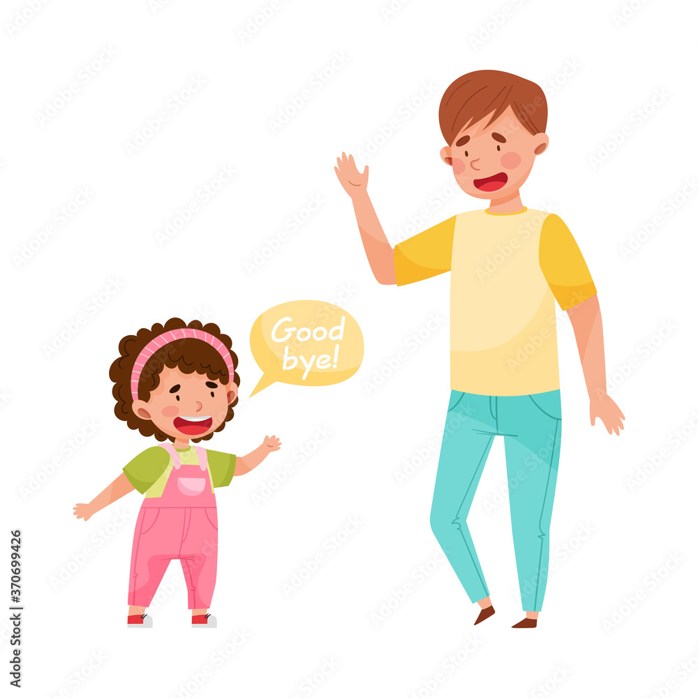 Cheerful Girl Saying Good-by to Young Man Vector Illustration