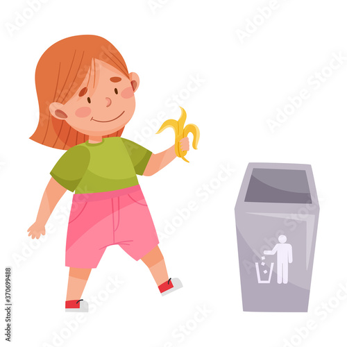 Little Girl Throwing Banana Skin in Trash Bin Vector Illustration