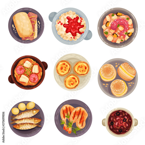 Portuguese Dishes and Desserts with Sardines and Tartlet View from Above Vector Set © Happypictures