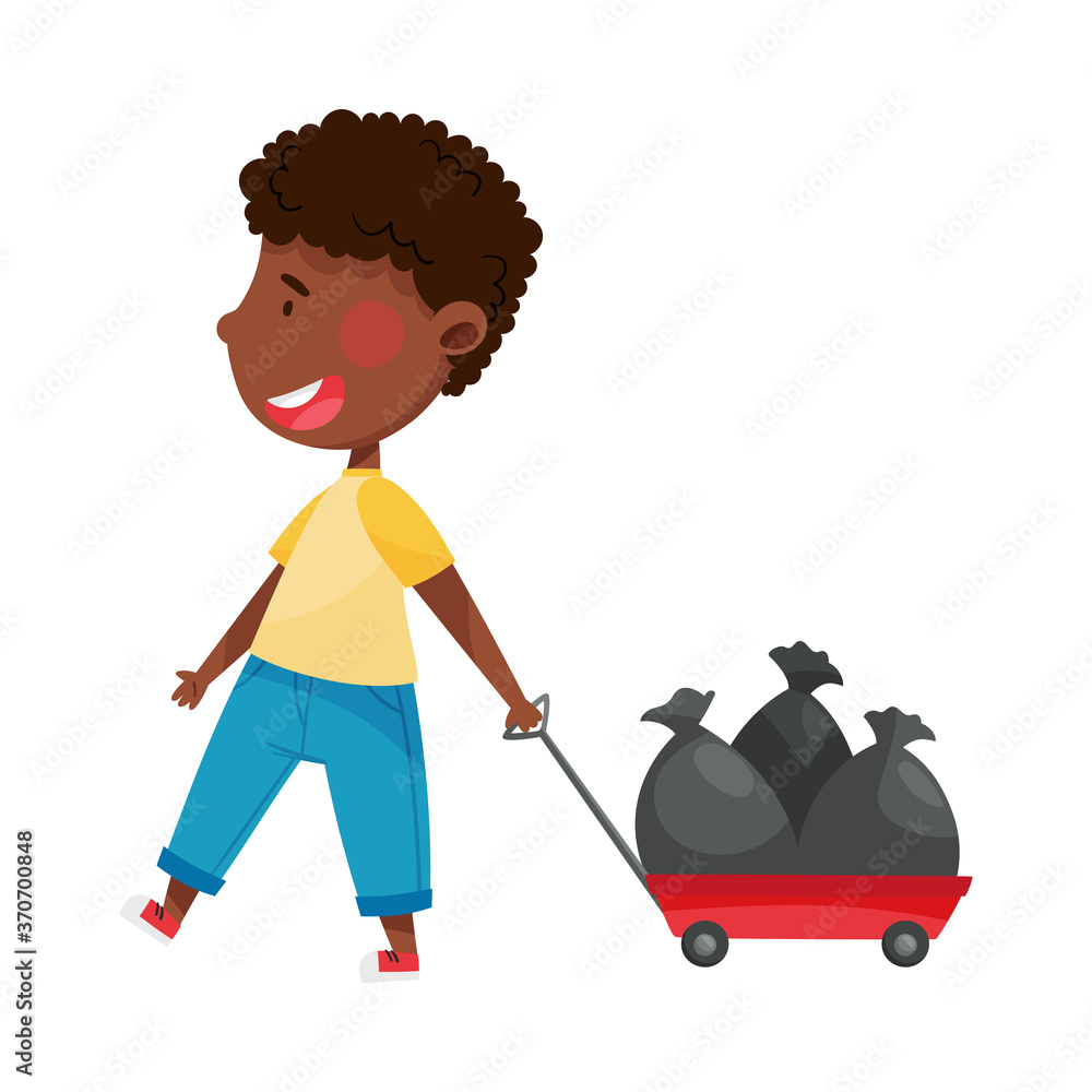 African American Boy Character Pulling Platform Trolley with Trash Pack as  Sorted Garbage for Recycling Vector Illustration Stock-Vektorgrafik | Adobe  Stock