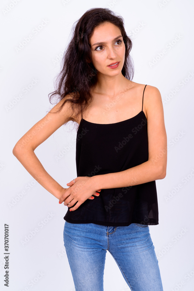 Portrait of young beautiful woman against white background Portrait of young beautiful woman against white background