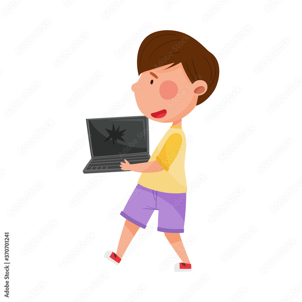 Dark Haired Boy Character Carrying Broken Laptop for Recycling Vector Illustration Dark Haired Boy Character Carrying Broken Laptop for Recycling Vector Illustration