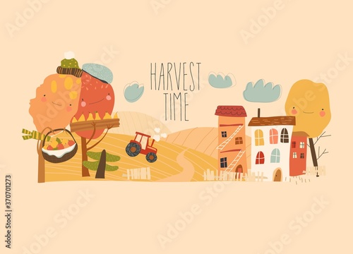 Agricultural autumn landscapes with tractor, hay field and trees. Harvest in countryside.