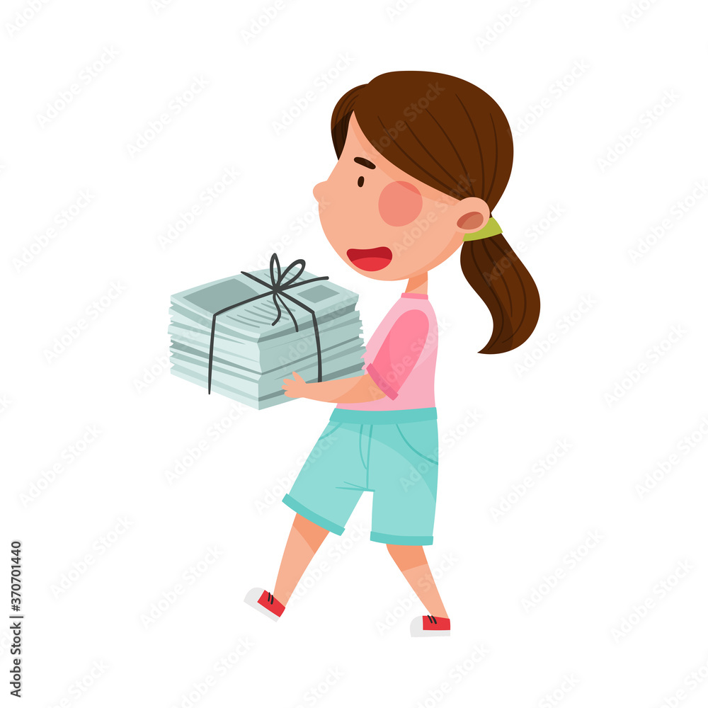 Girl Character Carrying Pile of Paper as Sorted Garbage for Recycling Vector Illustration Girl Character Carrying Pile of Paper as Sorted Garbage for Recycling Vector Illustration