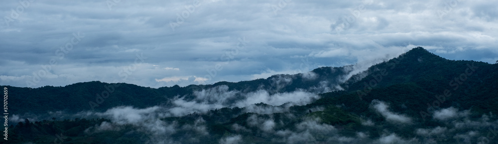 Landscape image of foggy greenery rainforest mountains and hills