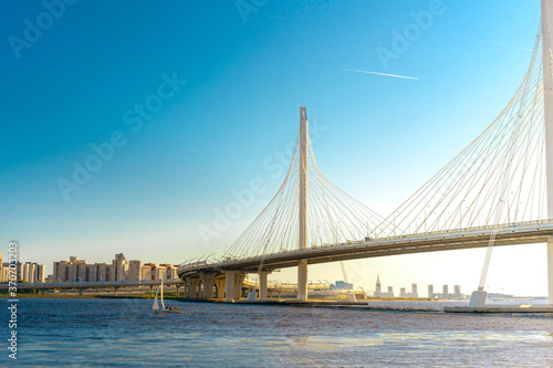 New cable-stayed bridge on the western high-speed diameter in St. Petersburg. Russia