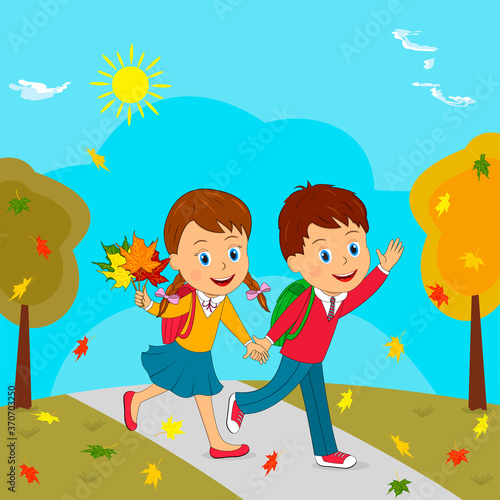 kids,boy and girl go to school at the autumn background,illustration,vector