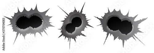 Bullet double hole on white background. set of double realisic metal bullet hole, damage effect. Vector illustration. photo