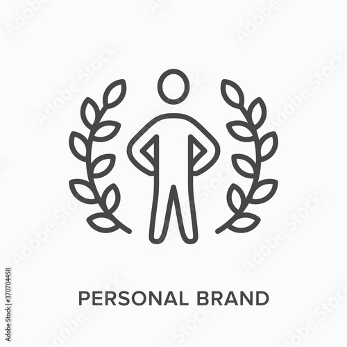Personal brand flat line icon. Vector outline illustration of leadership, winner in laurel wreath. Hero, best employee thin linear pictogram photo