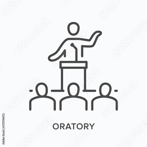 Public speaker flat line icon. Vector outline illustration of person giving presentation speech on tribune. Business conference, oratory training thin linear pictogram