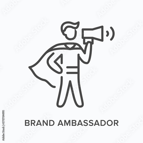 Brand ambassador flat line icon. Vector outline illustration of leadership, hero with megaphone. Influence thin linear pictogram photo